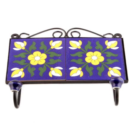 Navy Blue Yellow Flower Tiles Hooks
